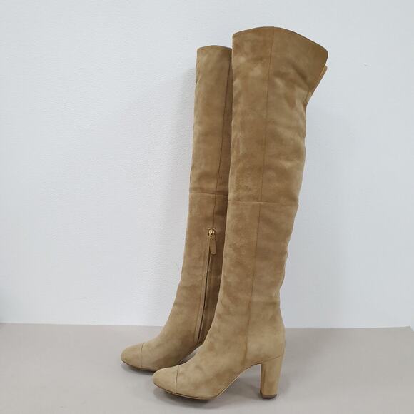 CHANEL Beige Suede Cap Toe CC Thigh High Over The Knee Tall Boots Sz. 38.5 - Picture 1 of 11